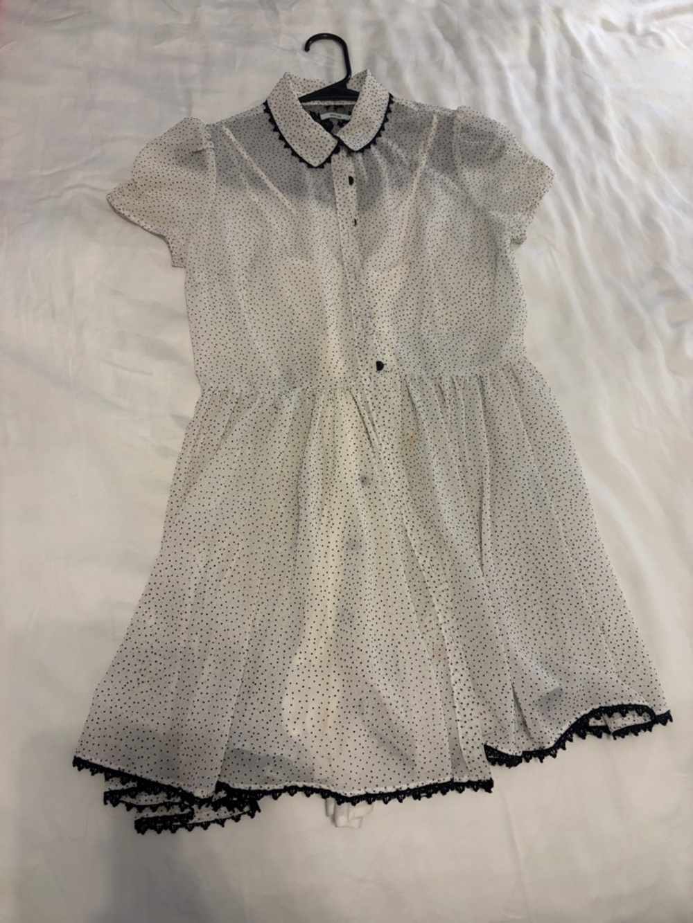 Sheer Polka Dot Peter Pan Collar Dress - White with Black Trim